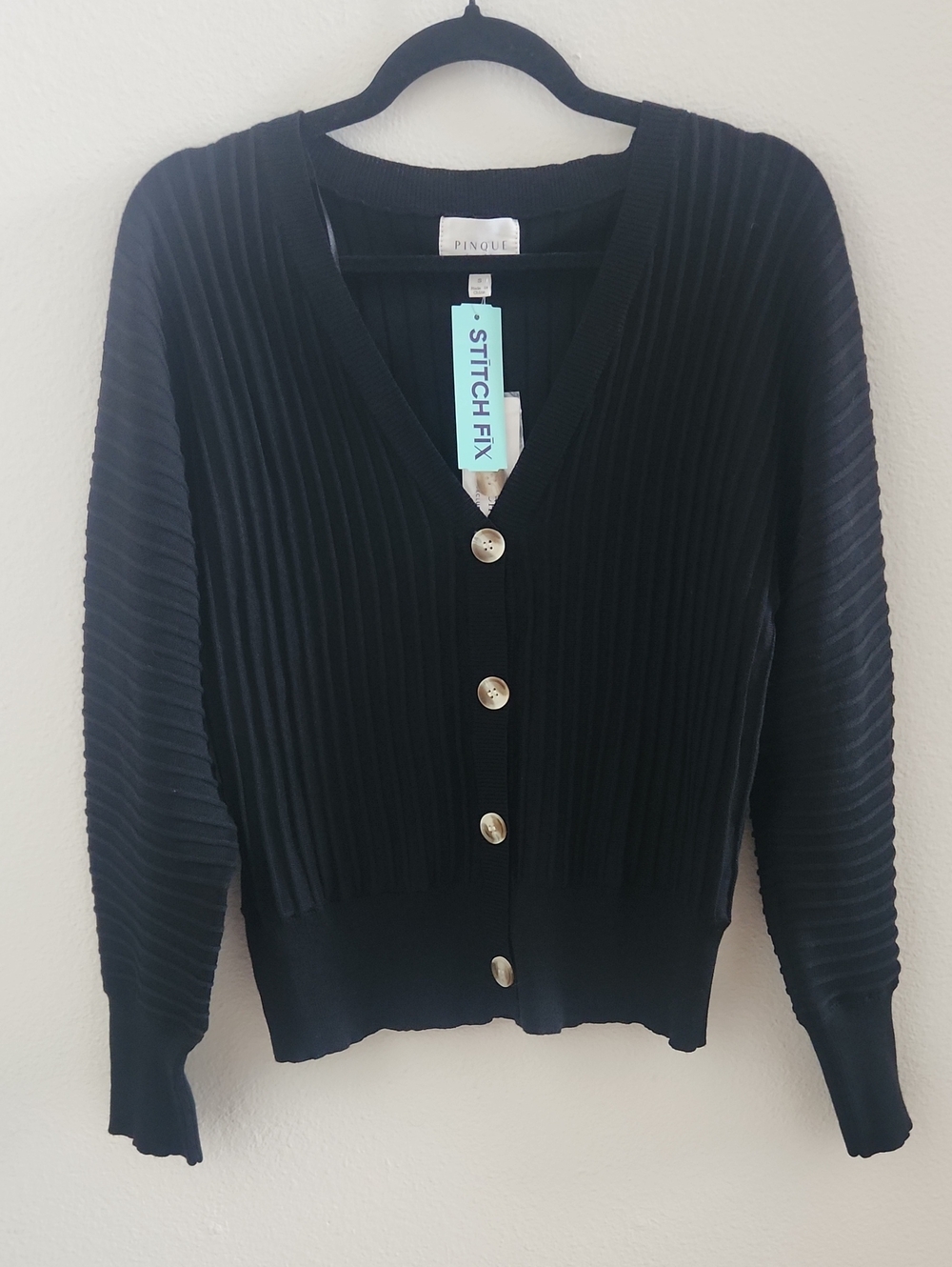 Pinque Maxine Black Ribbed V-Neck Button Cardigan